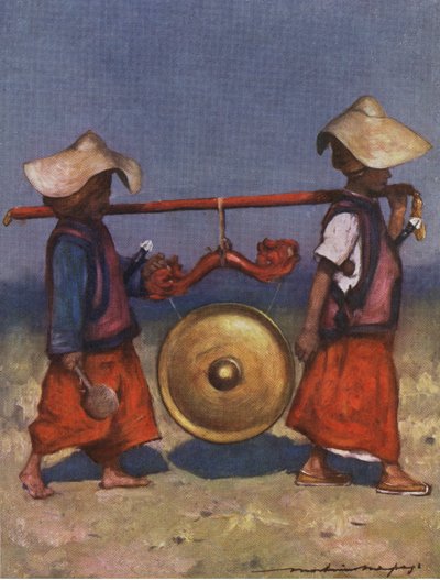 Shan servants carrying a brass gong by Mortimer Ludington Menpes